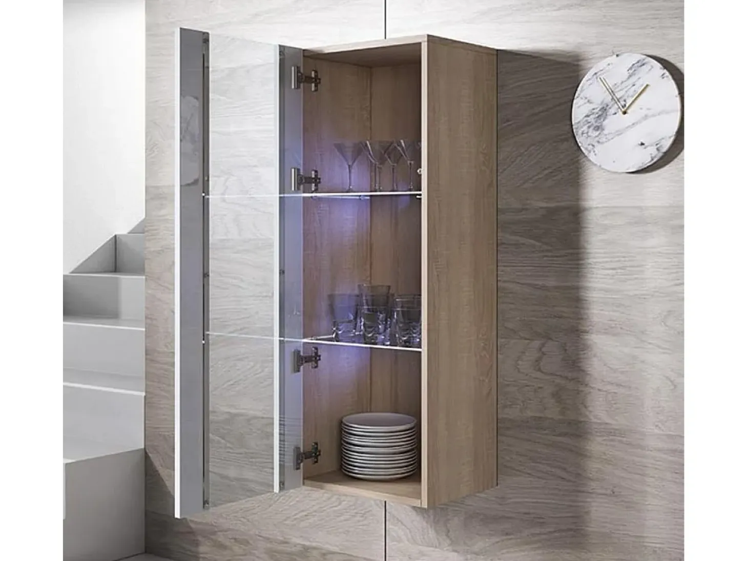 Vitrina para Salón comedor en Sonoma y Blanco con LED 40x29x126cm Luke V2
