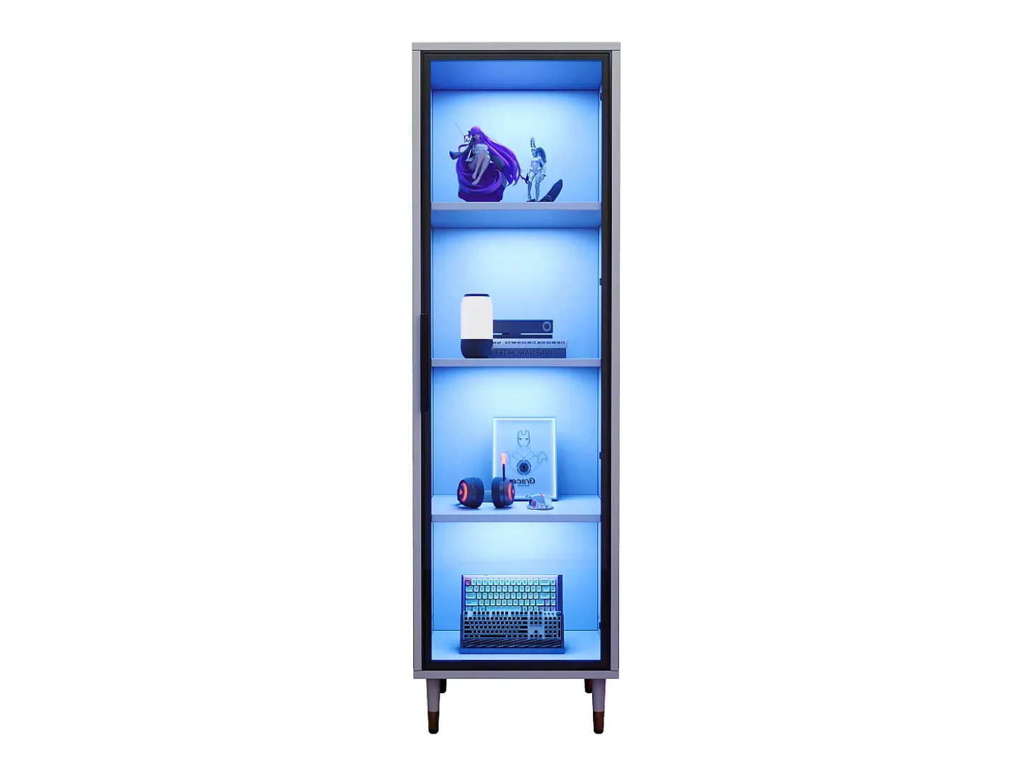 Vitrina vidriada de 170 cm de alto - Iluminación LED - 1 puerta de vidrio - MDF + paneles de partículas - Blanco