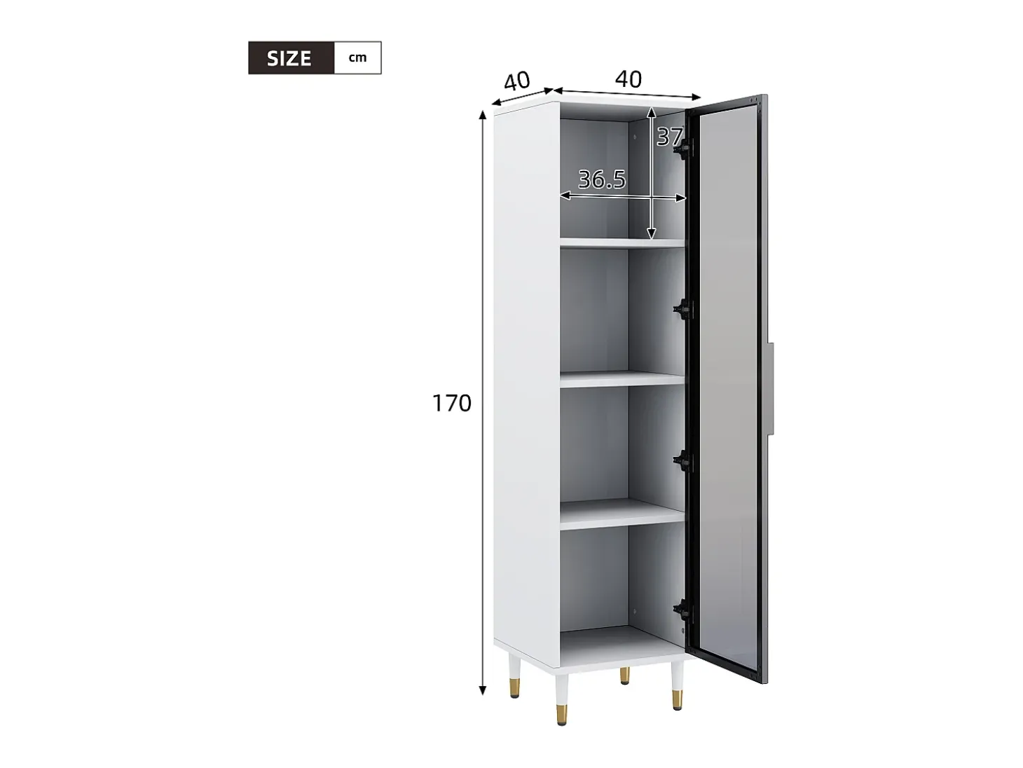 Vitrina vidriada de 170 cm de alto - Iluminación LED - 1 puerta de vidrio - MDF + paneles de partículas - Blanco
