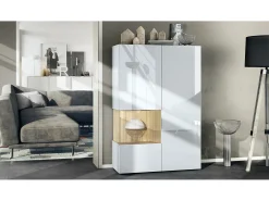 Vitrina Vladon Morena V2, vitrina de pie con 2 puertas e inserción de cristal, carcasa blanco mate, frentes blanco de alto brillo, cubo roble natural