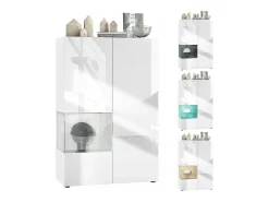 Vitrina Vladon Morena V2, vitrina de pie con 2 puertas e inserción de cristal, carcasa blanco mate, frentes blanco de alto brillo, cubo negro de alto brillo