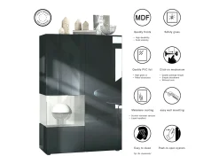 Vitrina Vladon Morena V2, vitrina de pie con 2 puertas e inserción de cristal, carcasa negro mate, frentes negro de alto brillo, Cube negro mate