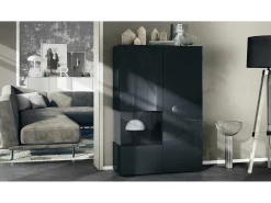 Vitrina Vladon Morena V2, vitrina de pie con 2 puertas e inserción de cristal, carcasa negro mate, frentes negro de alto brillo, Cube negro mate