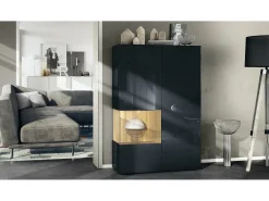 Vitrina Vladon Morena V2, vitrina de pie con 2 puertas e inserción de cristal, carcasa negro mate, frentes negro de alto brillo, Cube roble natural