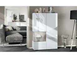 Vitrina Vladon Morena V2, vitrina de pie con 2 puertas e inserción de cristal, carcasa blanco mate, frentes blanco de alto brillo, cubo gris arena de alto brillo