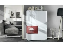 Vitrina Vladon Morena V2, vitrina de pie con 2 puertas e inserción de cristal, carcasa blanco mate, frentes blanco de alto brillo, cubo negro de alto brillo