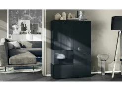 Vitrina Vladon Morena V2, vitrina de pie con 2 puertas e inserción de cristal, carcasa negro mate, frentes negro de alto brillo, Cube negro de alto brillo