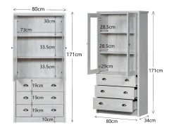 Vitrina 80x34x171 cm - con 2 puertas de vidrio - 3 cajones - gris + natural
