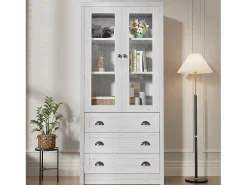 Vitrina 80x34x171 cm - con 2 puertas de vidrio - 3 cajones - gris + natural