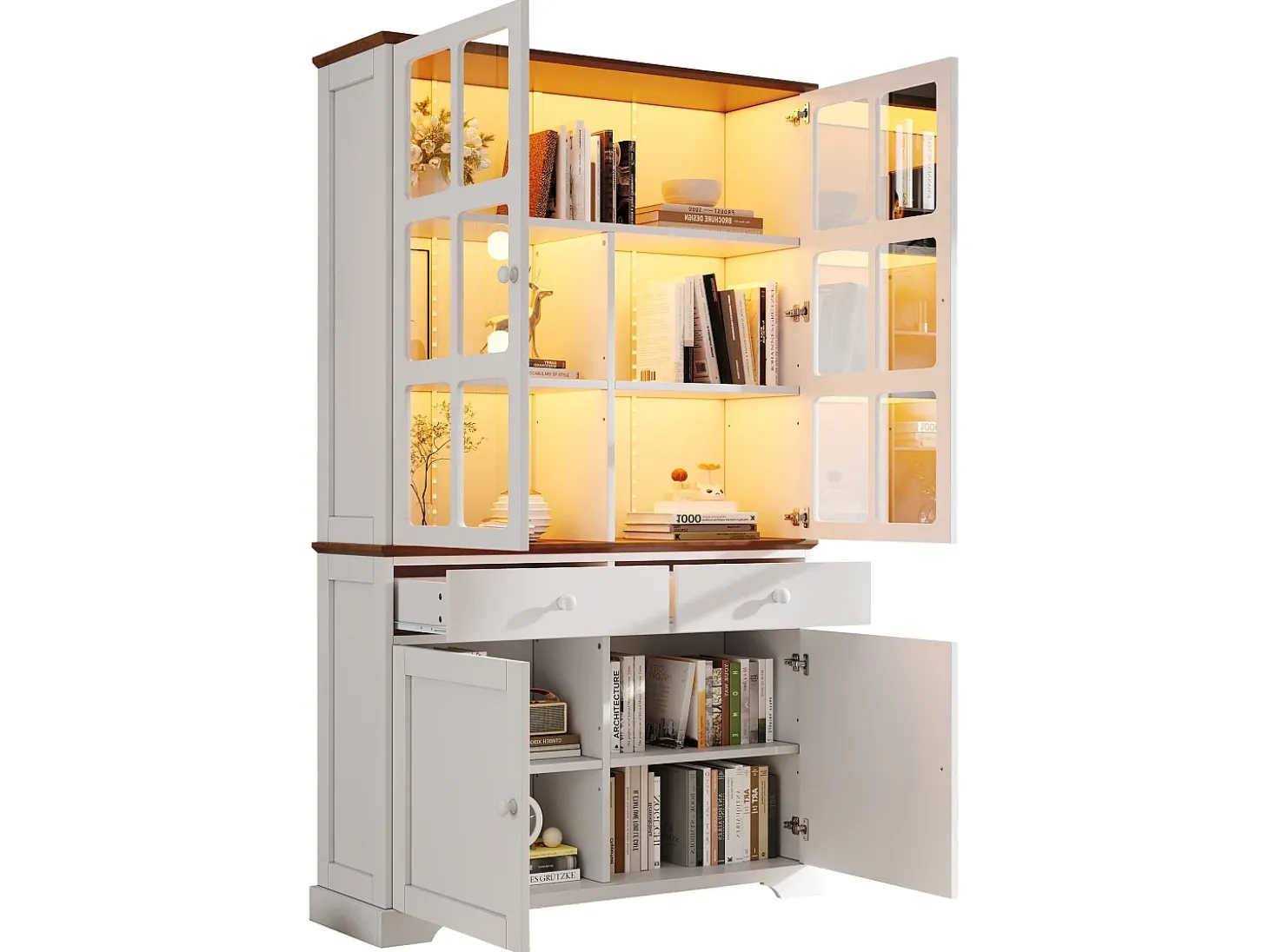 Vitrina 120x36,5x200 cm - con iluminación LED - 2 cajones y 4 puertas - MDF - Blanco