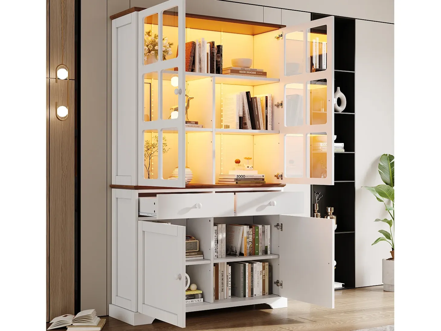 Vitrina 120x36,5x200 cm - con iluminación LED - 2 cajones y 4 puertas - MDF - Blanco