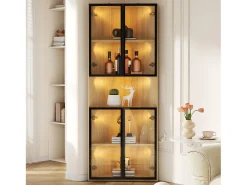 Vitrina 62x32x160 cm - con iluminación LED - 4 puertas de vidrio templado - acabado roble - MDF - Natural