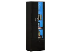 Vitrina 60x35x182 cm con iluminación LED - 2 puertas y 2 cajones - Puertas de vidrio - Tableros de partículas - Negro