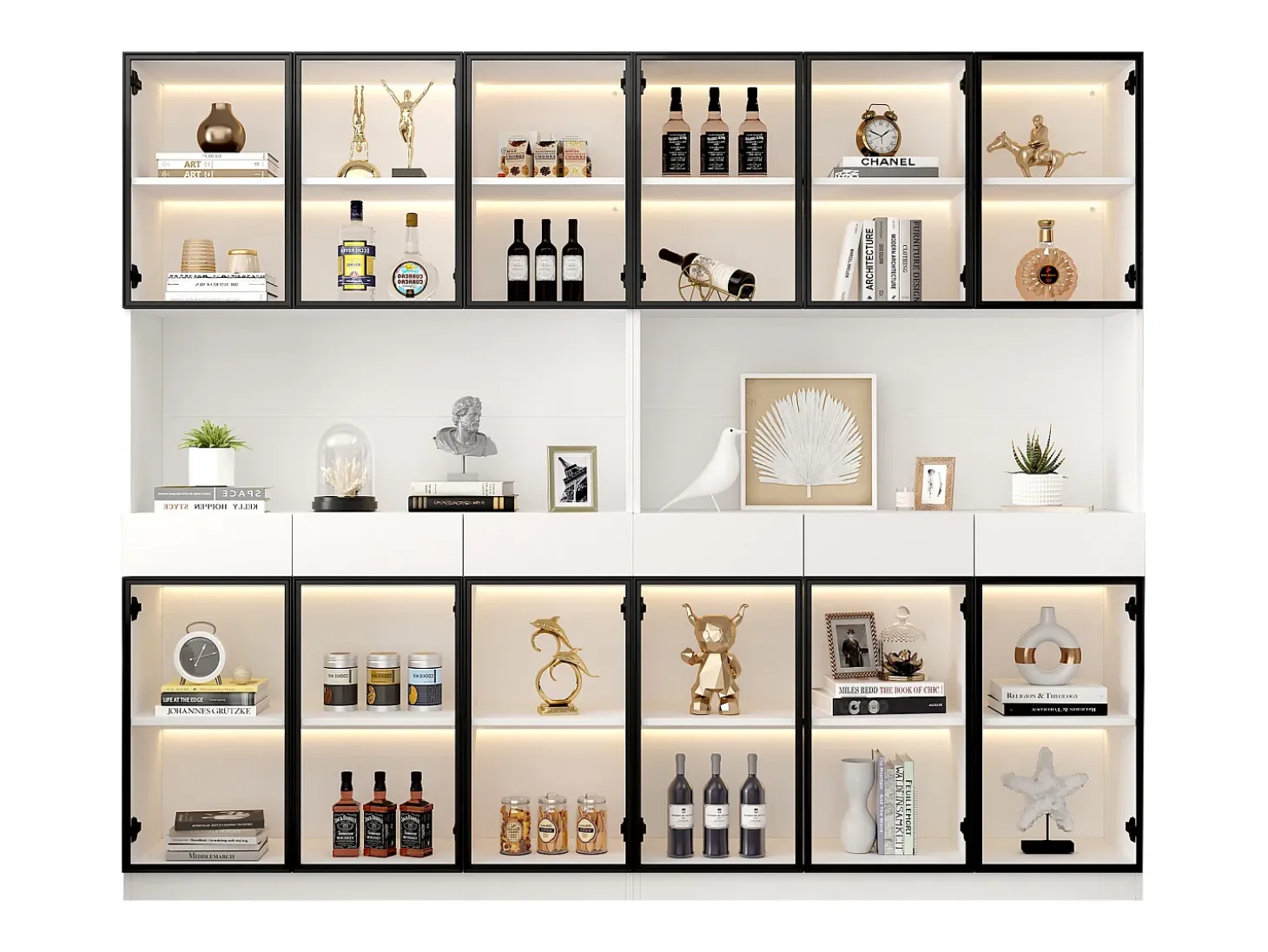Vitrina 240x36x200 cm con LED - 12 puertas de cristal y 6 cajones - Blanco