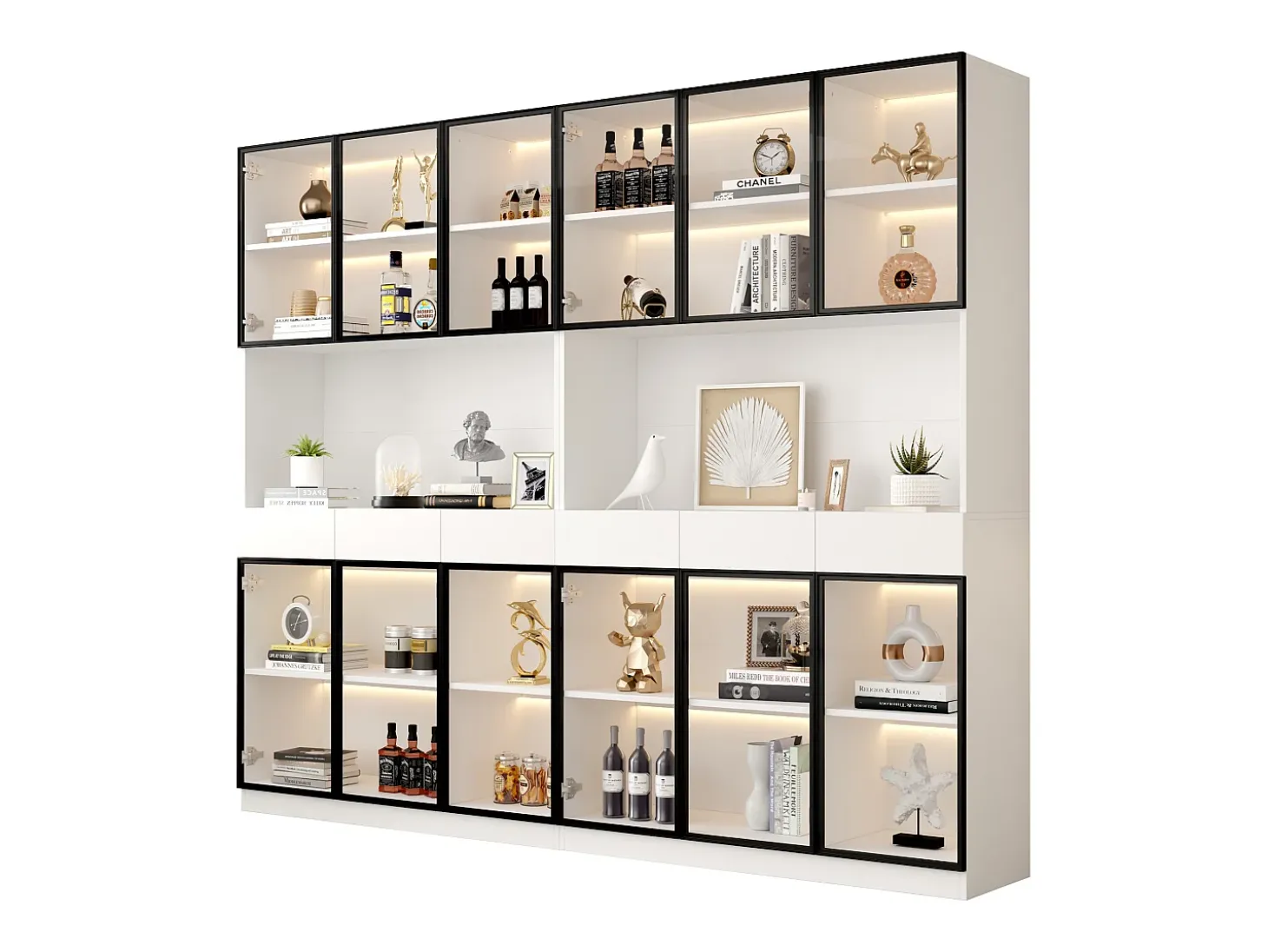 Vitrina 240x36x200 cm con LED - 12 puertas de cristal y 6 cajones - Blanco