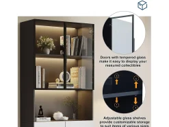 Vitrina 80x30x200 cm con LED - 4 puertas (2 de cristal) - Blanco y Negro