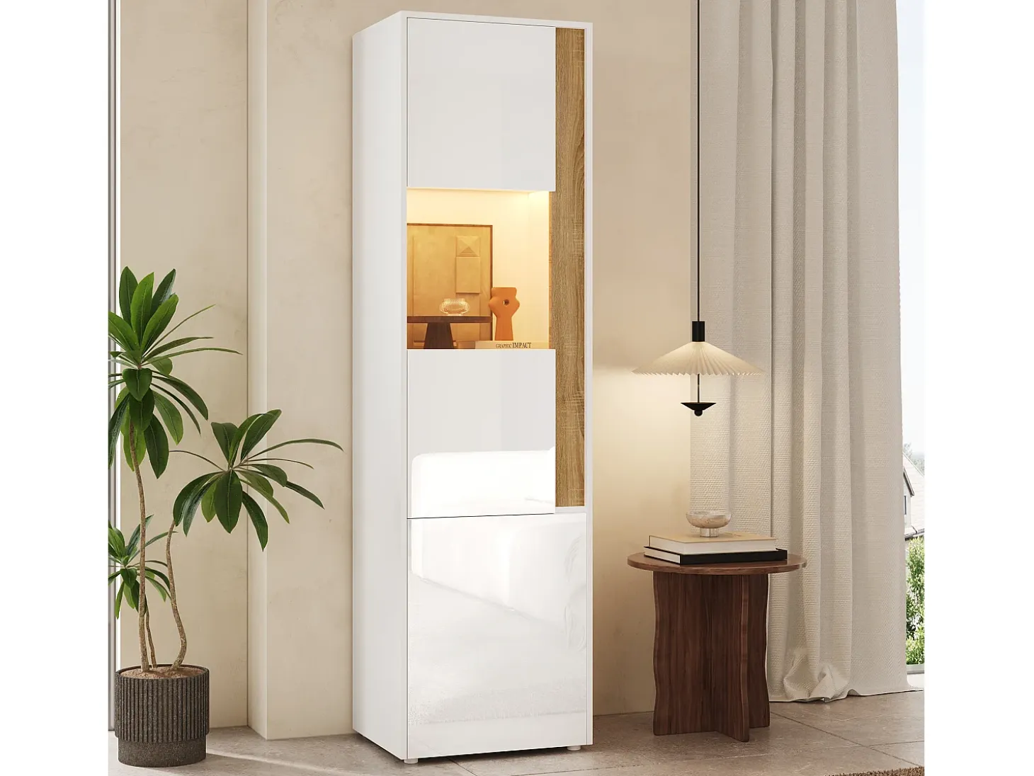 Vitrina 50x40x179cm - con iluminación LED - con 2 puertas - Estantes ajustables - Blanco + Natural