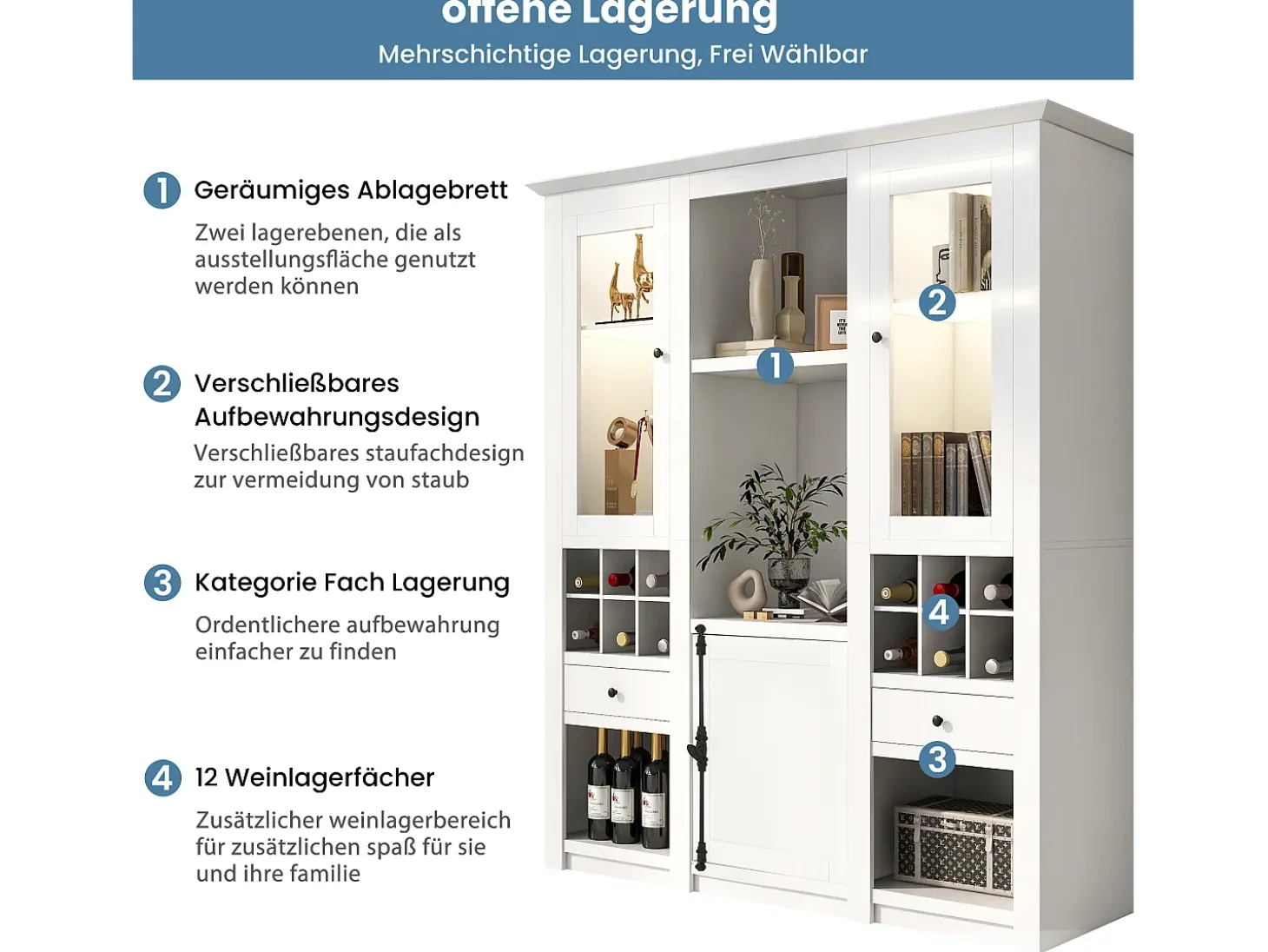 Vitrina/mueble de pared independiente con puertas, cajones, estantes y LED - MDF - blanco