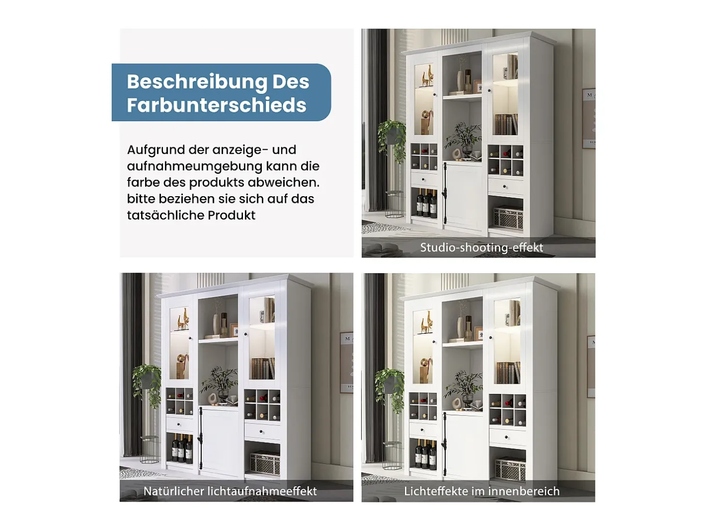 Vitrina/mueble de pared independiente con puertas, cajones, estantes y LED - MDF - blanco