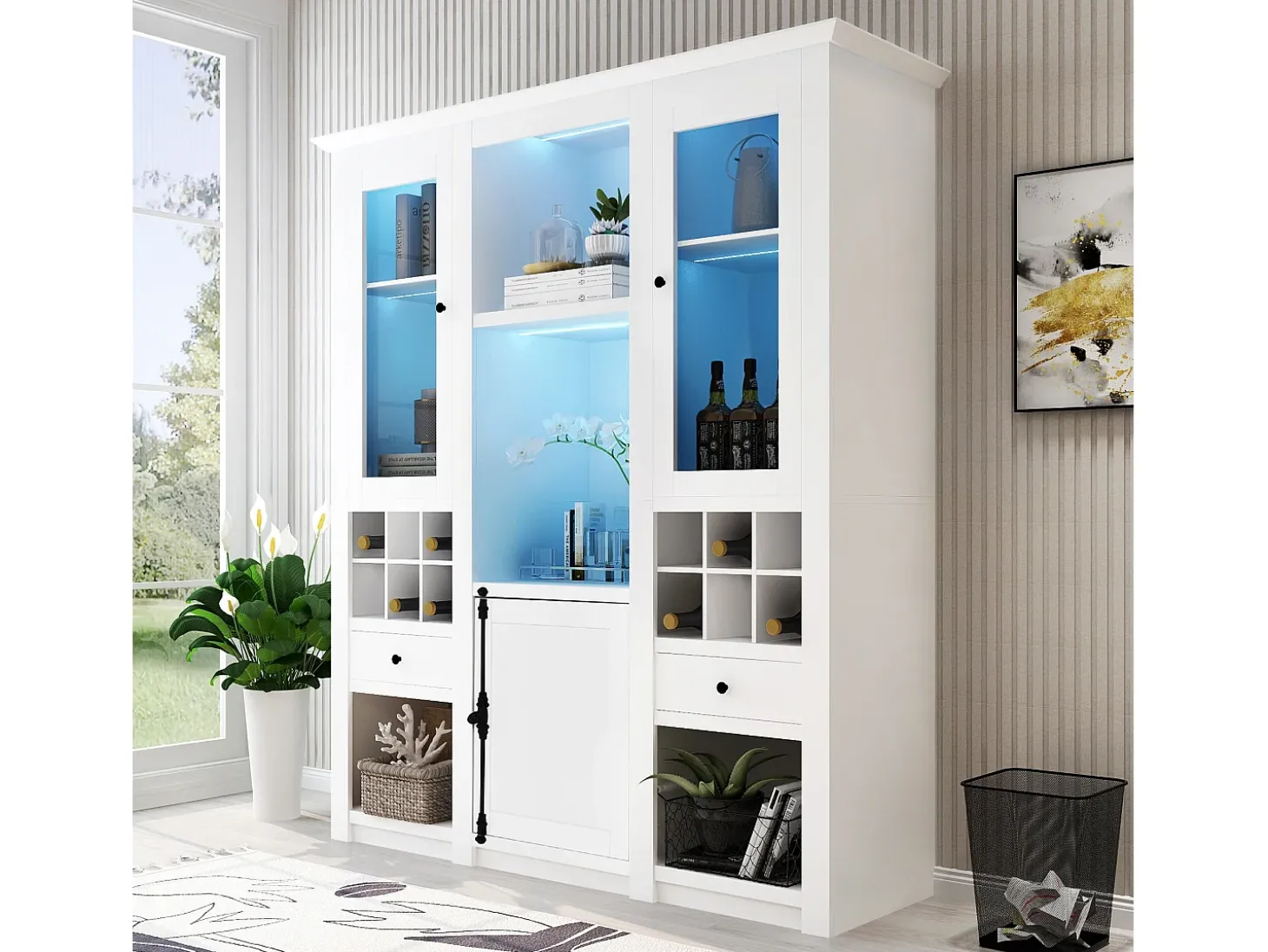 Vitrina/mueble de pared independiente con puertas, cajones, estantes y LED - MDF - blanco