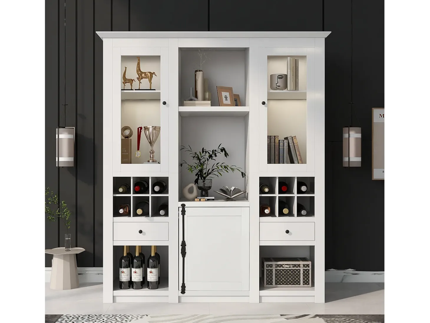 Vitrina/mueble de pared independiente con puertas, cajones, estantes y LED - MDF - blanco