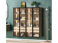 Vitrinas、Mueble de baño con LED - 2 cajones grandes y 2 puertas de cristal - Natural