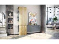 Vladon Mueble recibidor Carlton Set 4, Mueble de entrada compuesto por 1 Perchero, 1 Zapatero, antracita mate/roble natural (156,5 x 193 x 35 cm)