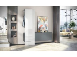 Vladon Mueble recibidor Carlton Set 4, Mueble de entrada compuesto por 1 Perchero, 1 Zapatero, antracita mate/blanco de alto brillo (156,5 x 193 x 35 cm)