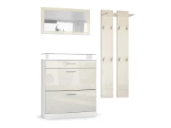 Vladon Mueble recibidor Loret mini, Mueble de entrada compuesto por 1 Zapatero, 1 Espejo de pared y 2 Percheros, Blanco mate/Crema de alto brillo