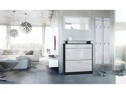 Vladon Mueble recibidor Loret mini, Mueble de entrada compuesto por 1 Zapatero, 1 Espejo de pared y 2 Percheros, Negro mate/Blanco de alto brillo