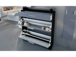 Vladon Mueble recibidor Loret mini, Mueble de entrada compuesto por 1 Zapatero, 1 Espejo de pared y 2 Percheros, Negro mate/Blanco de alto brillo