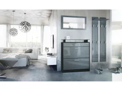 Vladon Mueble recibidor Loret mini, Mueble de entrada compuesto por 1 Zapatero, 1 Espejo de pared y 2 Percheros, Negro mate/Gris de alto brillo