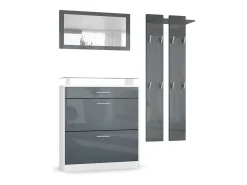 Vladon Mueble recibidor Loret mini, Mueble de entrada compuesto por 1 Zapatero, 1 Espejo de pared y 2 Percheros, Blanco mate/Gris de alto brillo