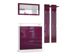 Vladon Mueble recibidor Loret mini, Mueble de entrada compuesto por 1 Zapatero, 1 Espejo de pared y 2 Percheros, Blanco mate/Zarzamora de alto brillo