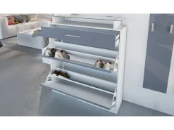 Vladon Mueble recibidor Loret mini, Mueble de entrada compuesto por 1 Zapatero, 1 Espejo de pared y 2 Percheros, Blanco mate/Zarzamora de alto brillo