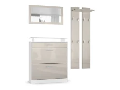 Vladon Mueble recibidor Loret mini, Mueble de entrada compuesto por 1 Zapatero, 1 Espejo de pared y 2 Percheros, Blanco mate/Gris arena de alto brillo