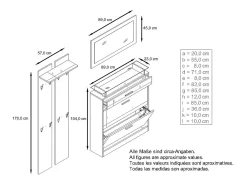Vladon Mueble recibidor Loret mini, Mueble de entrada compuesto por 1 Zapatero, 1 Espejo de pared y 2 Percheros, Blanco mate/Gris arena de alto brillo