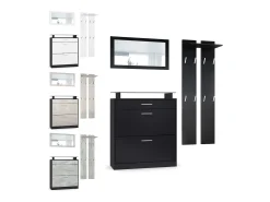 Vladon Mueble recibidor Loret mini, Mueble de entrada compuesto por 1 Zapatero, 1 Espejo de pared y 2 Percheros, Negro mate/Blanco mate