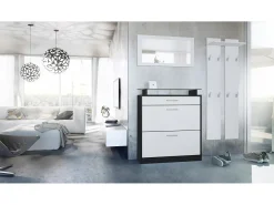 Vladon Mueble recibidor Loret mini, Mueble de entrada compuesto por 1 Zapatero, 1 Espejo de pared y 2 Percheros, Negro mate/Blanco mate