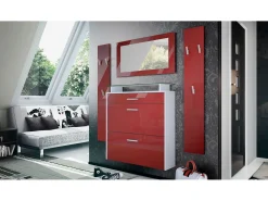 Vladon Mueble recibidor Malea, Mueble de entrada compuesto por 1 Zapatero colgante, 1 Espejo de pared y 2 Percheros, Blanco mate/Burdeos de alto grillo