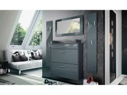 Vladon Mueble recibidor Malea, Mueble de entrada compuesto por 1 Zapatero colgante, 1 Espejo de pared y 2 Percheros, Antracita mate/Gris de alto brillo
