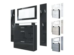 Vladon Mueble recibidor Malea, Mueble de entrada compuesto por 1 Zapatero colgante, 1 Espejo de pared y 2 Percheros, Negro mate/Blanco de alto brillo