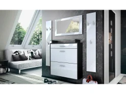 Vladon Mueble recibidor Malea, Mueble de entrada compuesto por 1 Zapatero colgante, 1 Espejo de pared y 2 Percheros, Negro mate/Blanco de alto brillo