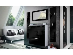 Vladon Mueble recibidor Malea, Mueble de entrada compuesto por 1 Zapatero colgante, 1 Espejo de pared y 2 Percheros, Blanco mate/Negro de alto brillo