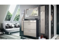 Vladon Mueble recibidor Malea, Mueble de entrada compuesto por 1 Zapatero colgante, 1 Espejo de pared y 2 Percheros, Antracita mate/Gris arena de alto brillo