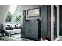 Vladon Mueble recibidor Malea, Mueble de entrada compuesto por 1 Zapatero colgante, 1 Espejo de pared y 2 Percheros, Negro mate/Gris de alto brillo