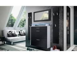 Vladon Mueble recibidor Malea, Mueble de entrada compuesto por 1 Zapatero colgante, 1 Espejo de pared y 2 Percheros, Blanco mate/Negro mate