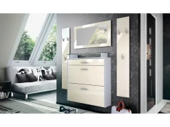 Vladon Mueble recibidor Malea, Mueble de entrada compuesto por 1 Zapatero colgante, 1 Espejo de pared y 2 Percheros, Blanco mate/Crema de alto brillo