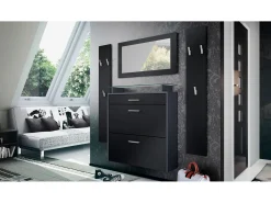 Vladon Mueble recibidor Malea, Mueble de entrada compuesto por 1 Zapatero colgante, 1 Espejo de pared y 2 Percheros, Antracita mate/Negro mate