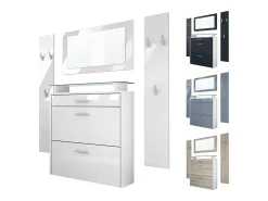 Vladon Mueble recibidor Malea, Mueble de entrada compuesto por 1 Zapatero colgante, 1 Espejo de pared y 2 Percheros, Blanco mate/Zarzamora de alto brillo